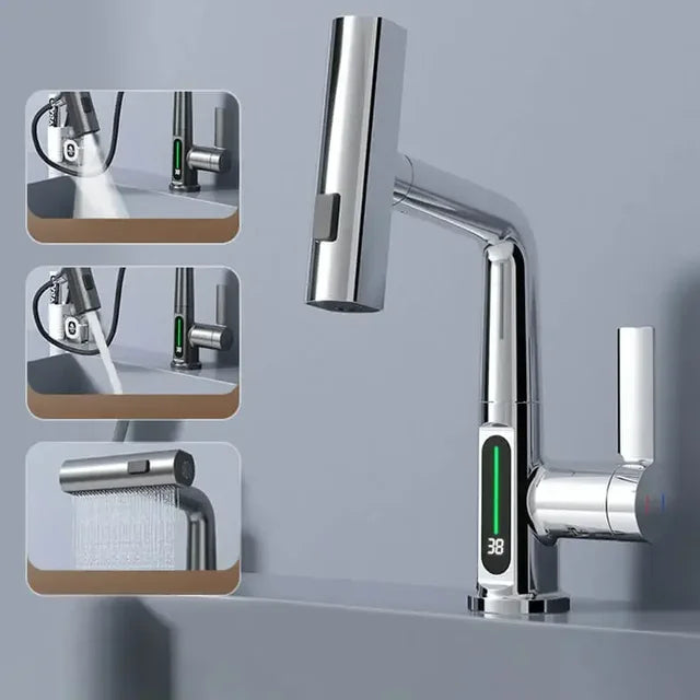 Digital Display Kitchen Tap with Pull-Down Sprayer 15 in Height Swivel Brass Faucet 3-Mode Spray for Sink Temperature Control