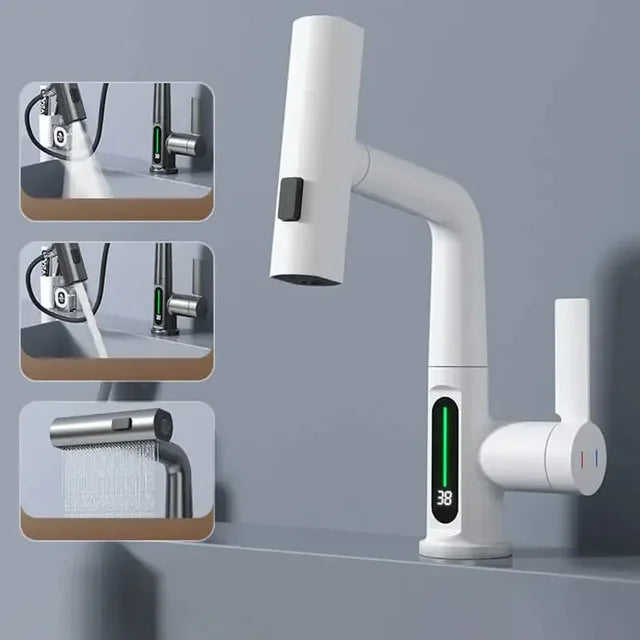 Digital Display Kitchen Tap with Pull-Down Sprayer 15 in Height Swivel Brass Faucet 3-Mode Spray for Sink Temperature Control