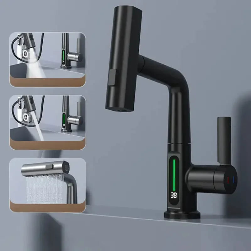Digital Display Kitchen Tap with Pull-Down Sprayer 15 in Height Swivel Brass Faucet 3-Mode Spray for Sink Temperature Control