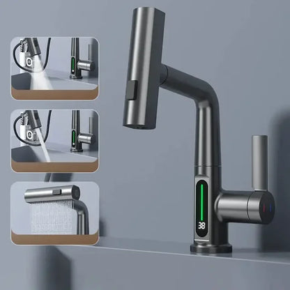 Digital Display Kitchen Tap with Pull-Down Sprayer 15 in Height Swivel Brass Faucet 3-Mode Spray for Sink Temperature Control