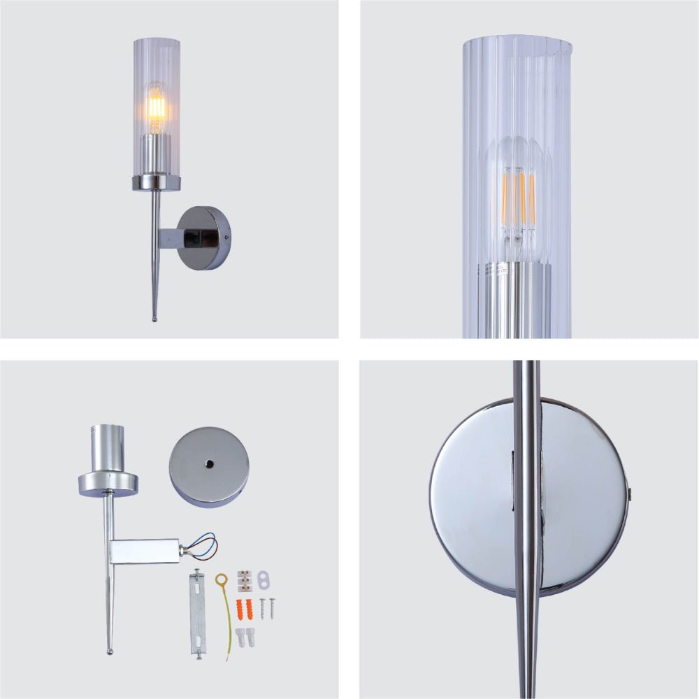 Textured Glass Wall Sconce with Steel Frame - Dimmable E27 Socket - 16 inch Height - Modern Art Deco Fixture for Hallways Bedrooms Living Sp