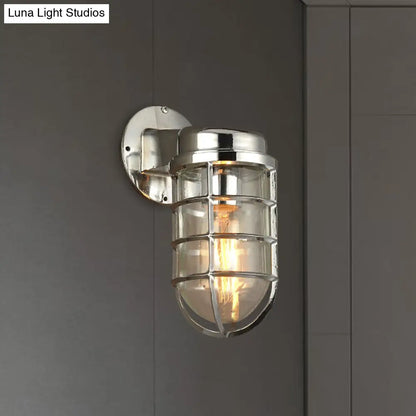 Metal Cage Wall Sconce with Glass Shade – Industrial Hardwired Light for Hallway, Bedroom, Dining Room – 4" Wide 1-Light Fixture