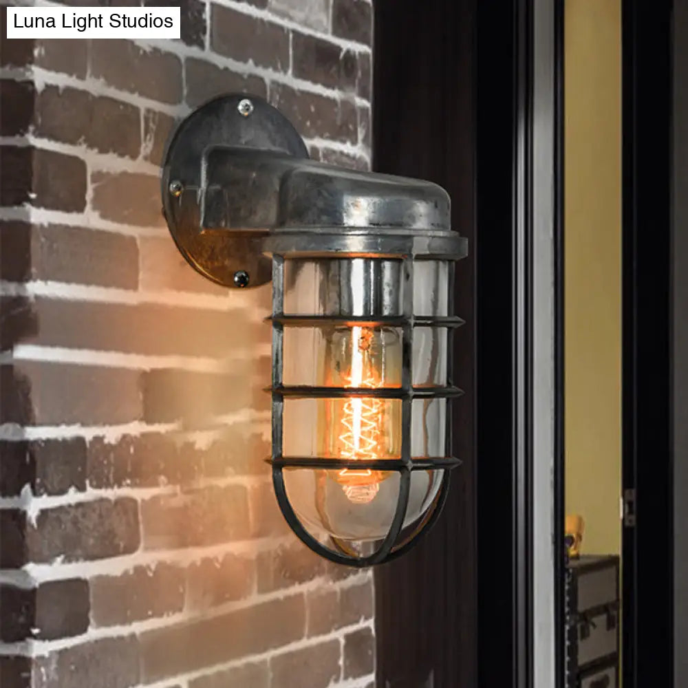 Metal Cage Wall Sconce with Glass Shade – Industrial Hardwired Light for Hallway, Bedroom, Dining Room – 4" Wide 1-Light Fixture
