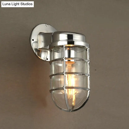 Metal Cage Wall Sconce with Glass Shade – Industrial Hardwired Light for Hallway, Bedroom, Dining Room – 4" Wide 1-Light Fixture