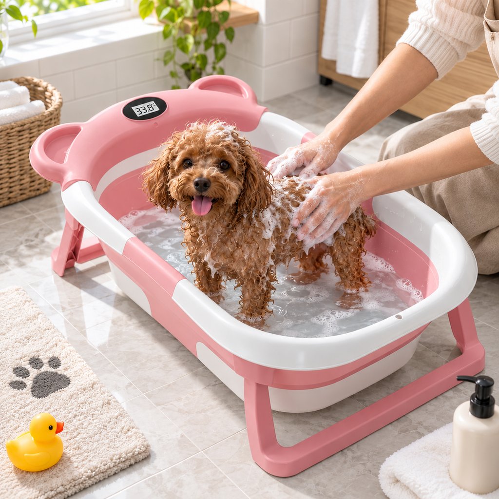 Ortekor Collapsible Pet Bathtub with Digital Thermometer - Space-Saving Dog & Cat Bath Tub for Easy At-Home Grooming