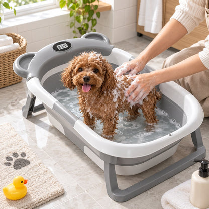 Ortekor Collapsible Pet Bathtub with Digital Thermometer - Space-Saving Dog & Cat Bath Tub for Easy At-Home Grooming
