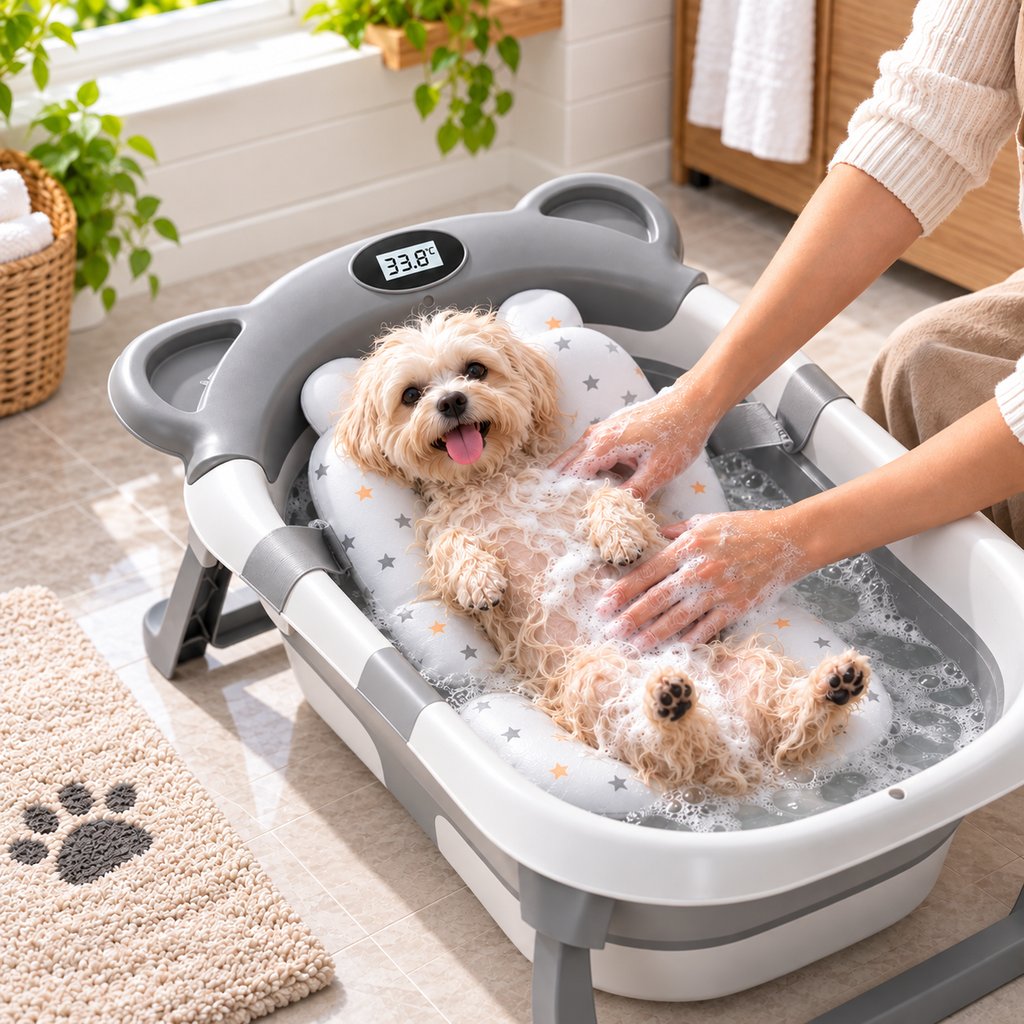 Ortekor Collapsible Pet Bathtub with Digital Thermometer - Space-Saving Dog & Cat Bath Tub for Easy At-Home Grooming