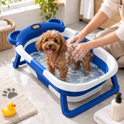 Ortekor Collapsible Pet Bathtub with Digital Thermometer - Space-Saving Dog & Cat Bath Tub for Easy At-Home Grooming