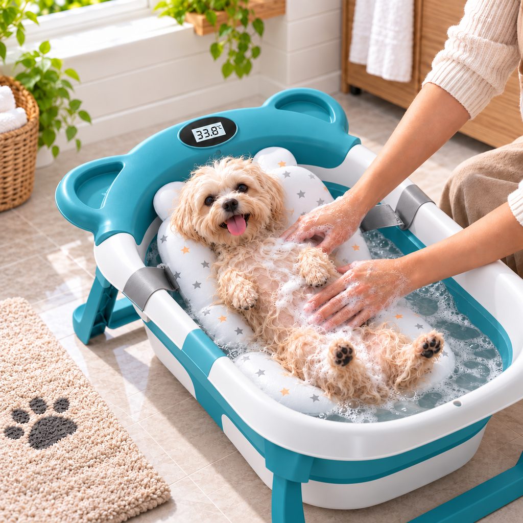 Ortekor Collapsible Pet Bathtub with Digital Thermometer - Space-Saving Dog & Cat Bath Tub for Easy At-Home Grooming