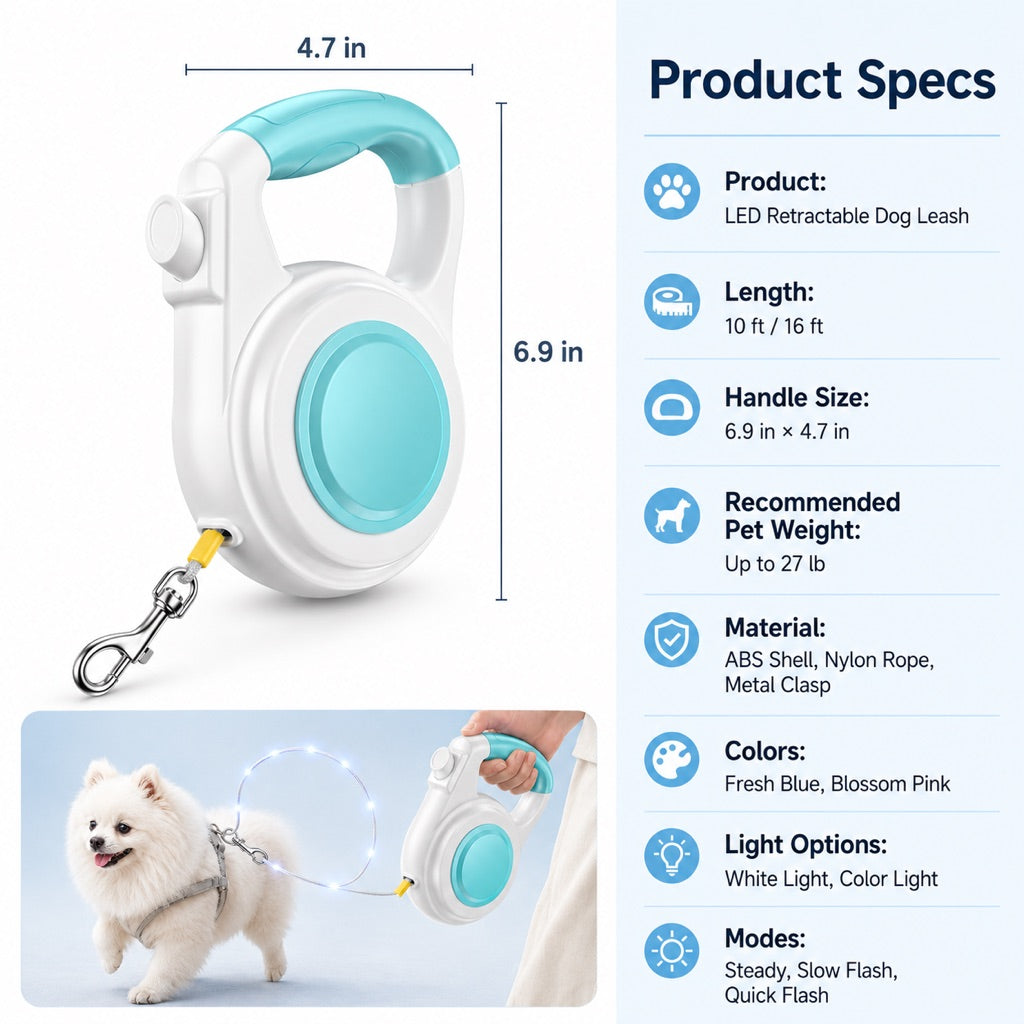 Ortekor Rechargeable Light-Up Retractable Dog Leash for Night Walks - Helps Small Dogs Stay Visible & Easy to Control