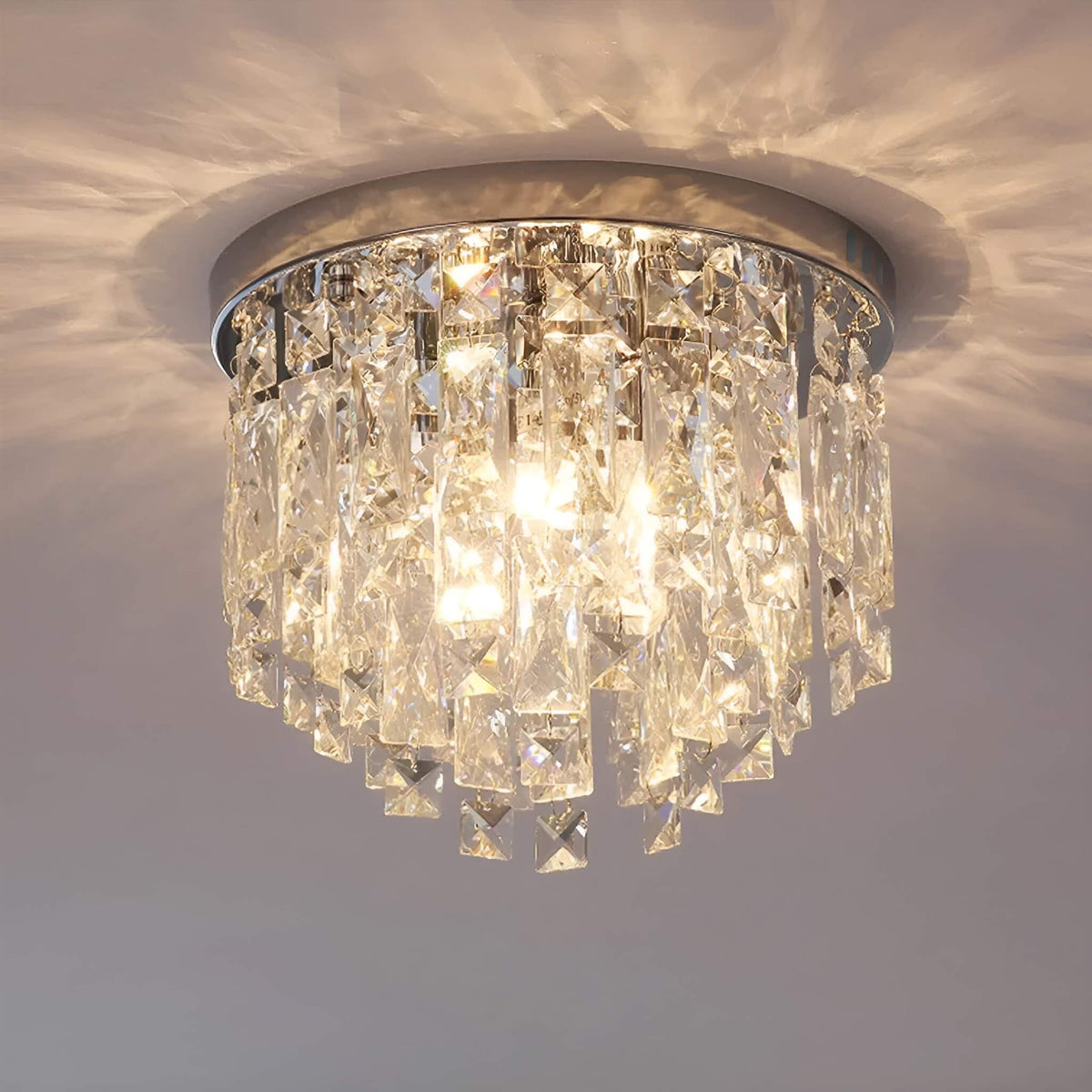 Flush Mount Crystal Ceiling Light Round Chandelier Chrome Finish for Bedroom Living Room Hallway Elegant Lighting Fixture Sparkling