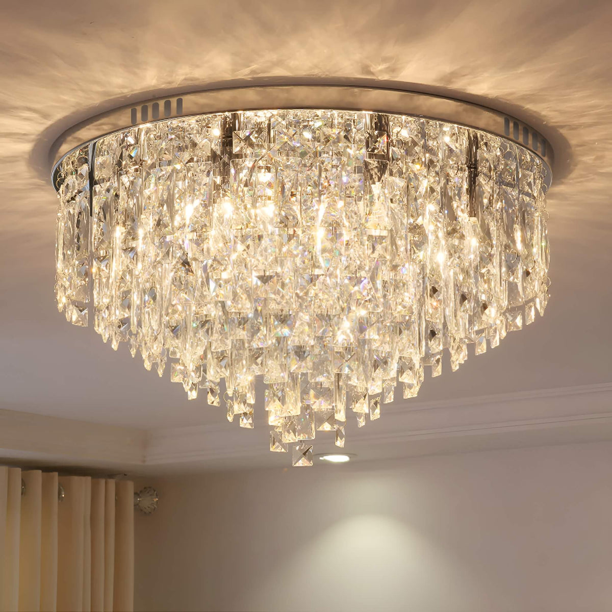 Flush Mount Crystal Ceiling Light Round Chandelier Chrome Finish for Bedroom Living Room Hallway Elegant Lighting Fixture Sparkling