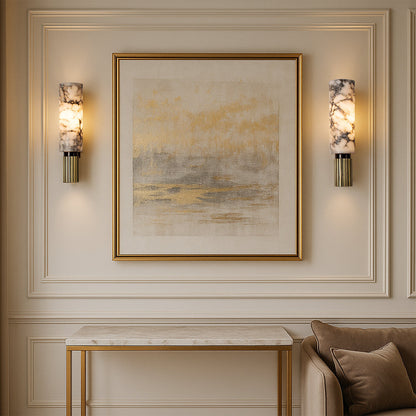 Marble and Copper Wall Sconce with Warm LED Light for Bedroom, Hallway, Living Room – Natural Stone Accent Wall Fixture