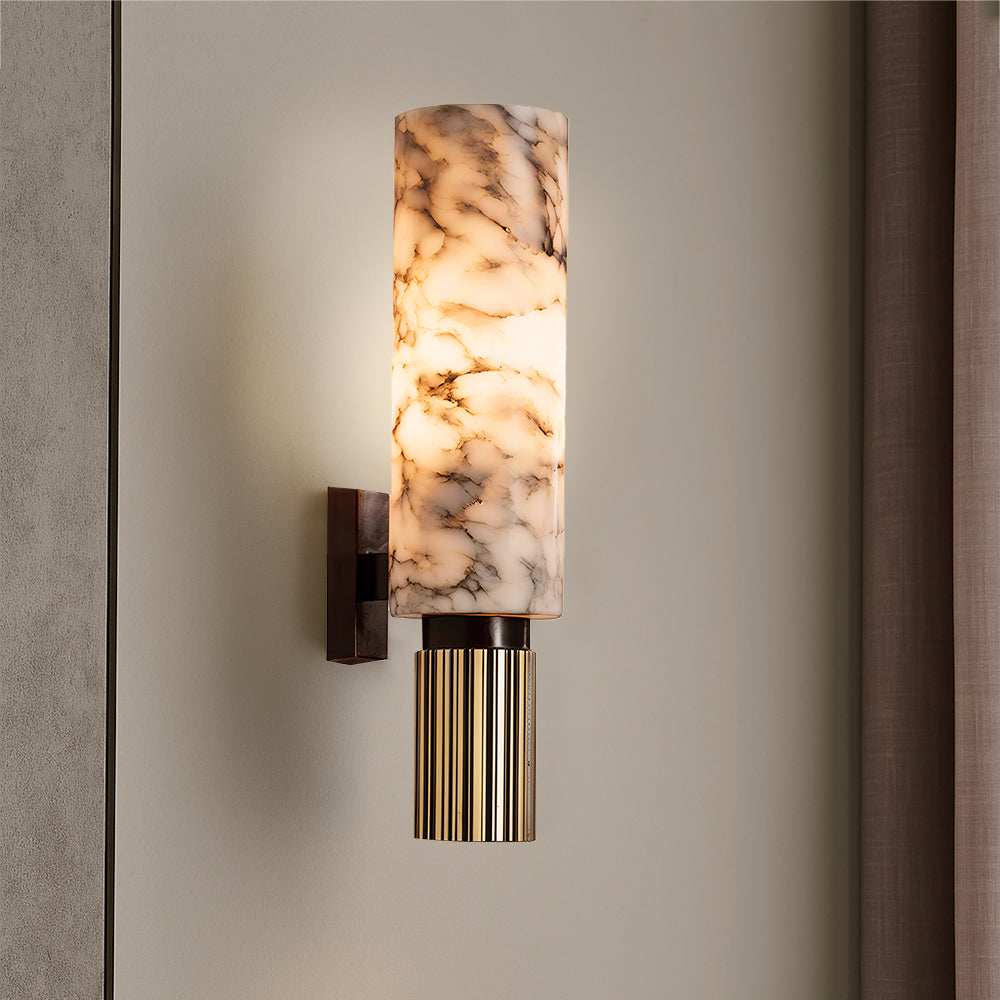 Marble and Copper Wall Sconce with Warm LED Light for Bedroom, Hallway, Living Room – Natural Stone Accent Wall Fixture