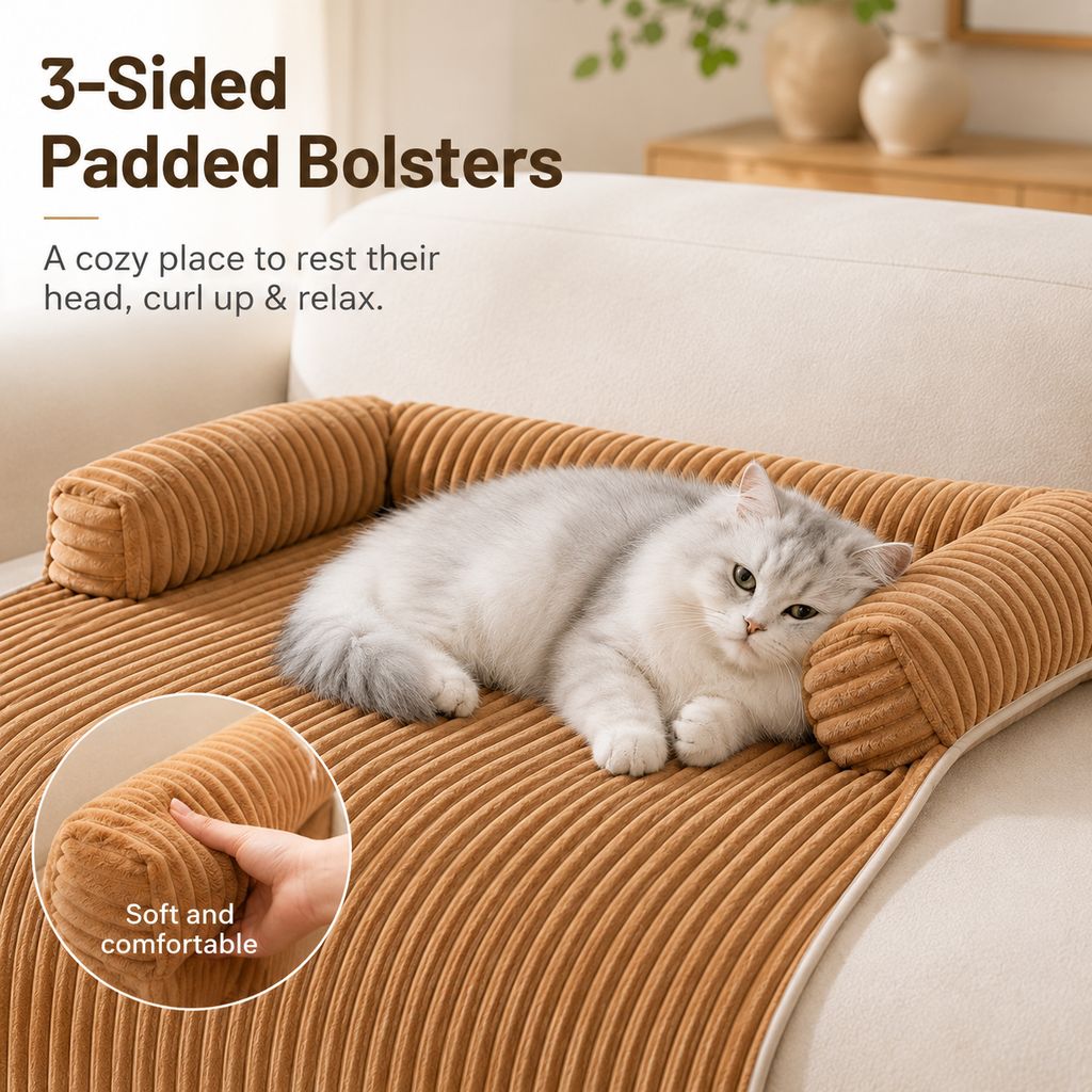 Ortekor 3-Sided Corduroy Pet Couch Cover for Dogs & Cats – Non-Slip Bolster Sofa Protector for Sofas & Chairs, Helps Keep Fur & Everyday Messes Off Furniture