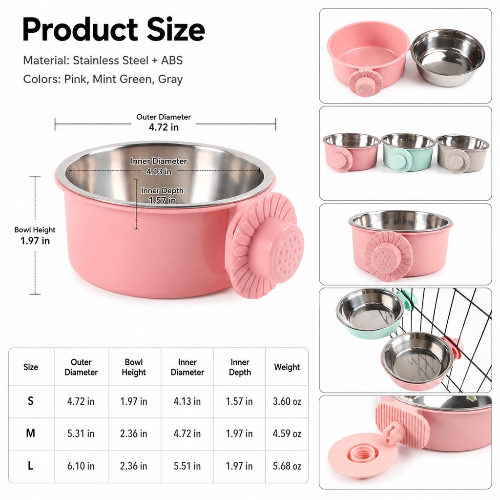 Ortekor Crate-Mounted Stainless Steel Pet Bowl for Dogs & Cats - Screw-On Food & Water Bowl for Cleaner Kennel Feeding