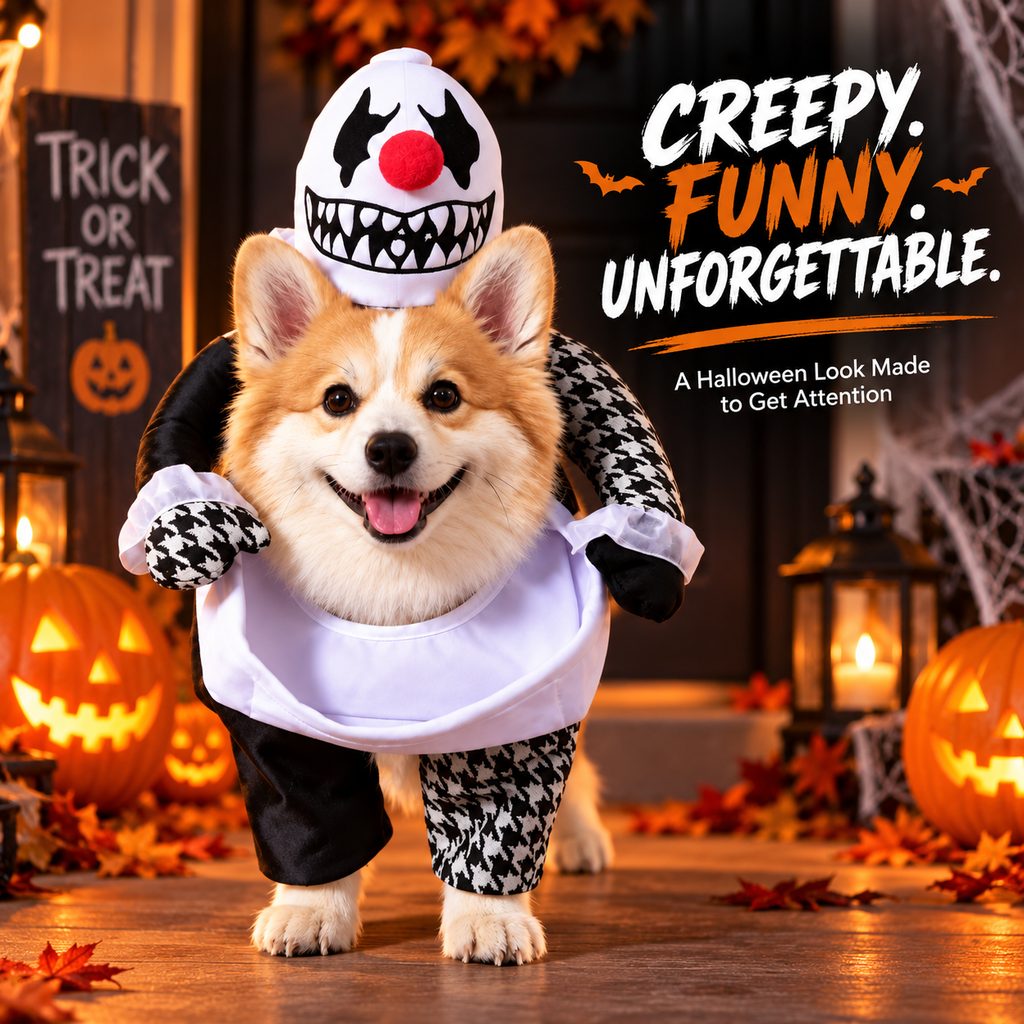 Ortekor Creepy Clown Dog Costume with Fake Arms - Halloween Trick-or-Treat Outfit for a Standout 3D Walking Look
