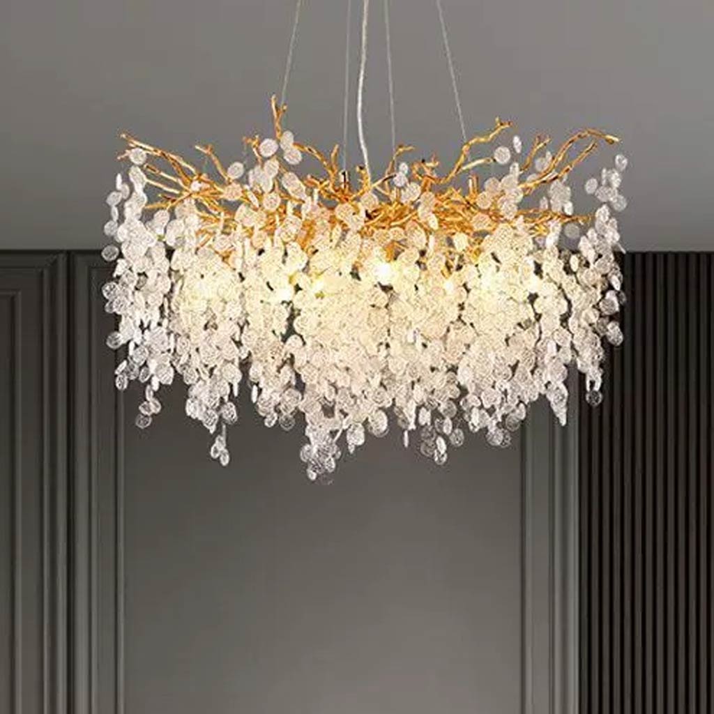 Glass Leaf Pendant Light Gold Aluminum Frame LED Adjustable Color Temperature Ceiling Fixture Living Room Bedroom Dining Entryway Statement