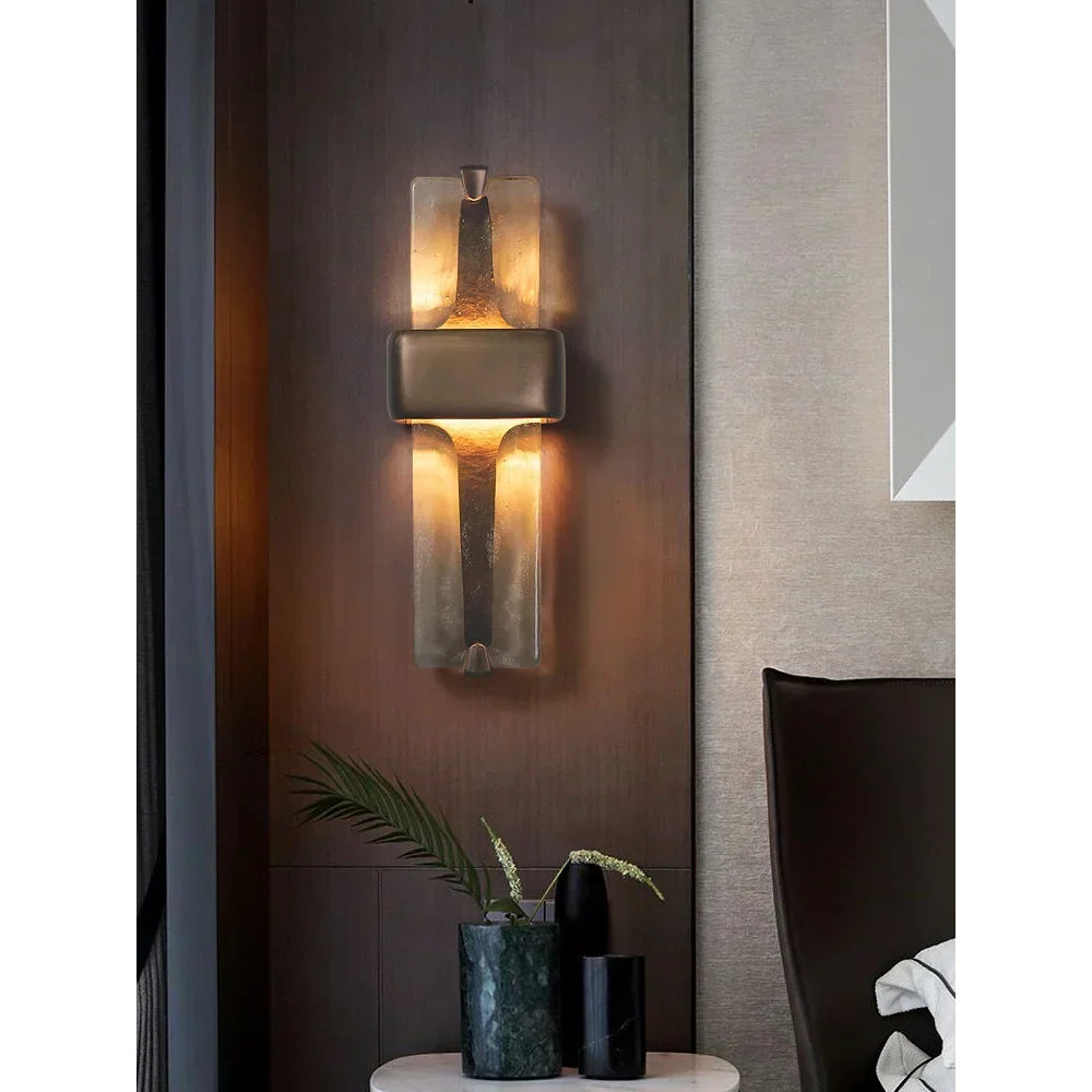 Vertical Bronze Sconce with Frosted Glass Panels for Bedroom Hallway Entryway Up-Down Light 20 Inch Tall Copper Fixture