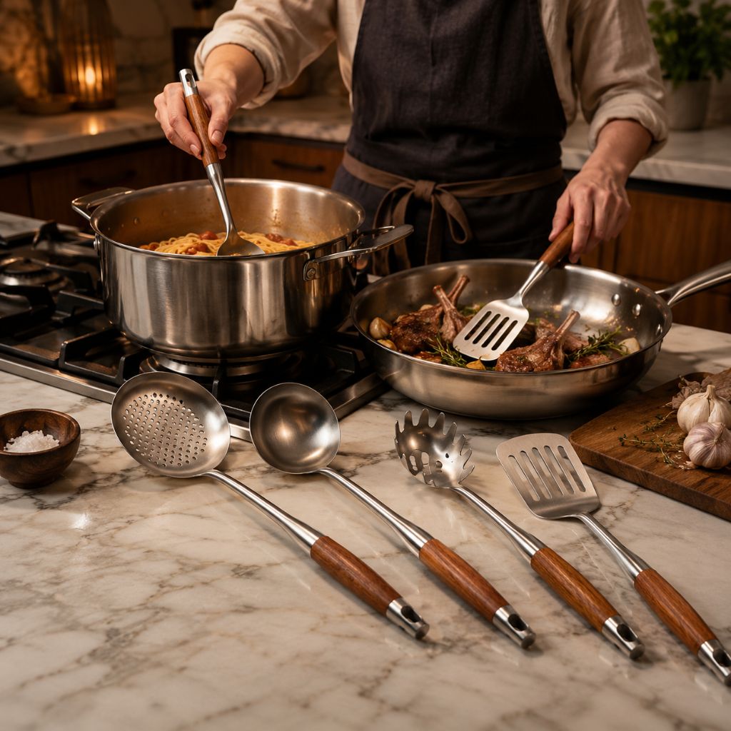 Six-Piece Cooking Utensil Set — Stainless Steel with Wood Handles for Everyday Kitchen Use