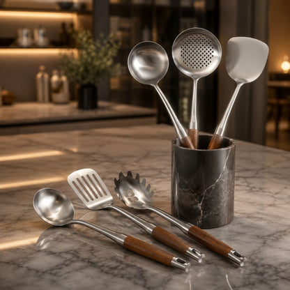 Six-Piece Cooking Utensil Set — Stainless Steel with Wood Handles for Everyday Kitchen Use