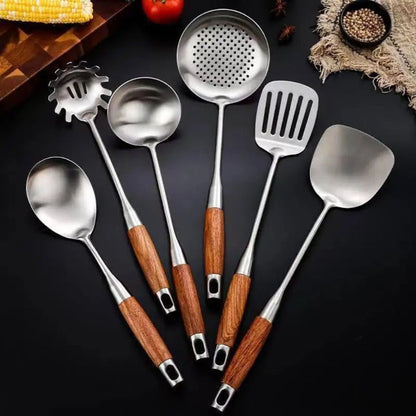 Six-Piece Cooking Utensil Set — Stainless Steel with Wood Handles for Everyday Kitchen Use