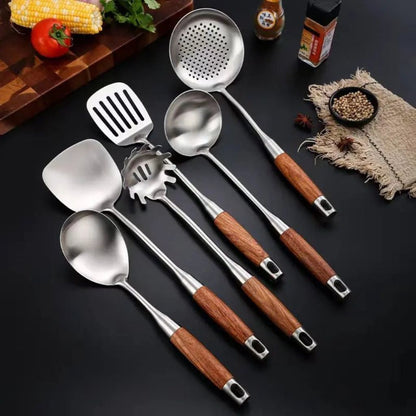 Six-Piece Cooking Utensil Set — Stainless Steel with Wood Handles for Everyday Kitchen Use