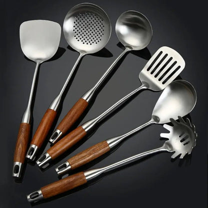 Six-Piece Cooking Utensil Set — Stainless Steel with Wood Handles for Everyday Kitchen Use