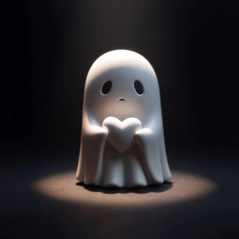 Resin Ghost Figurine with Heart & Attitude – Whimsical Tabletop Sculpture for Seasonal Display & Year-Round Charm