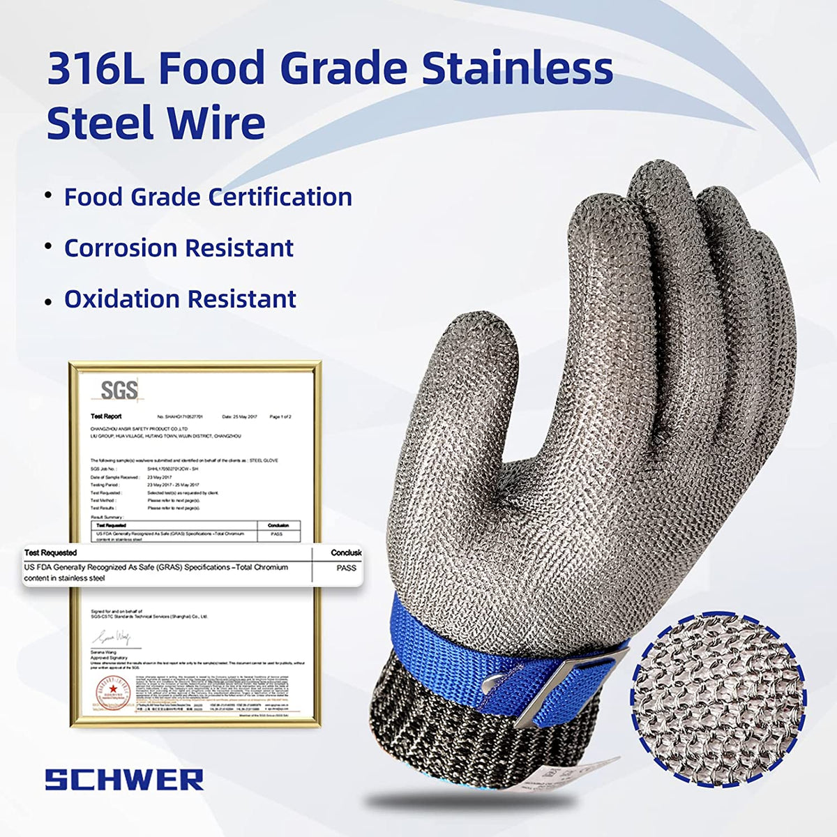 Food Safe Cut-Resistant Glove Made of Stainless Steel Mesh
