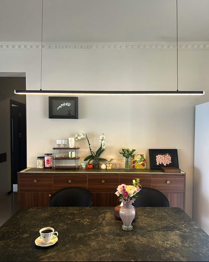 Suspended LED Strip Fixture for Countertop Islands – Dimmable Metal Bar Light with Remote in Matte or Gloss White – 39 to 102 in Adjustable