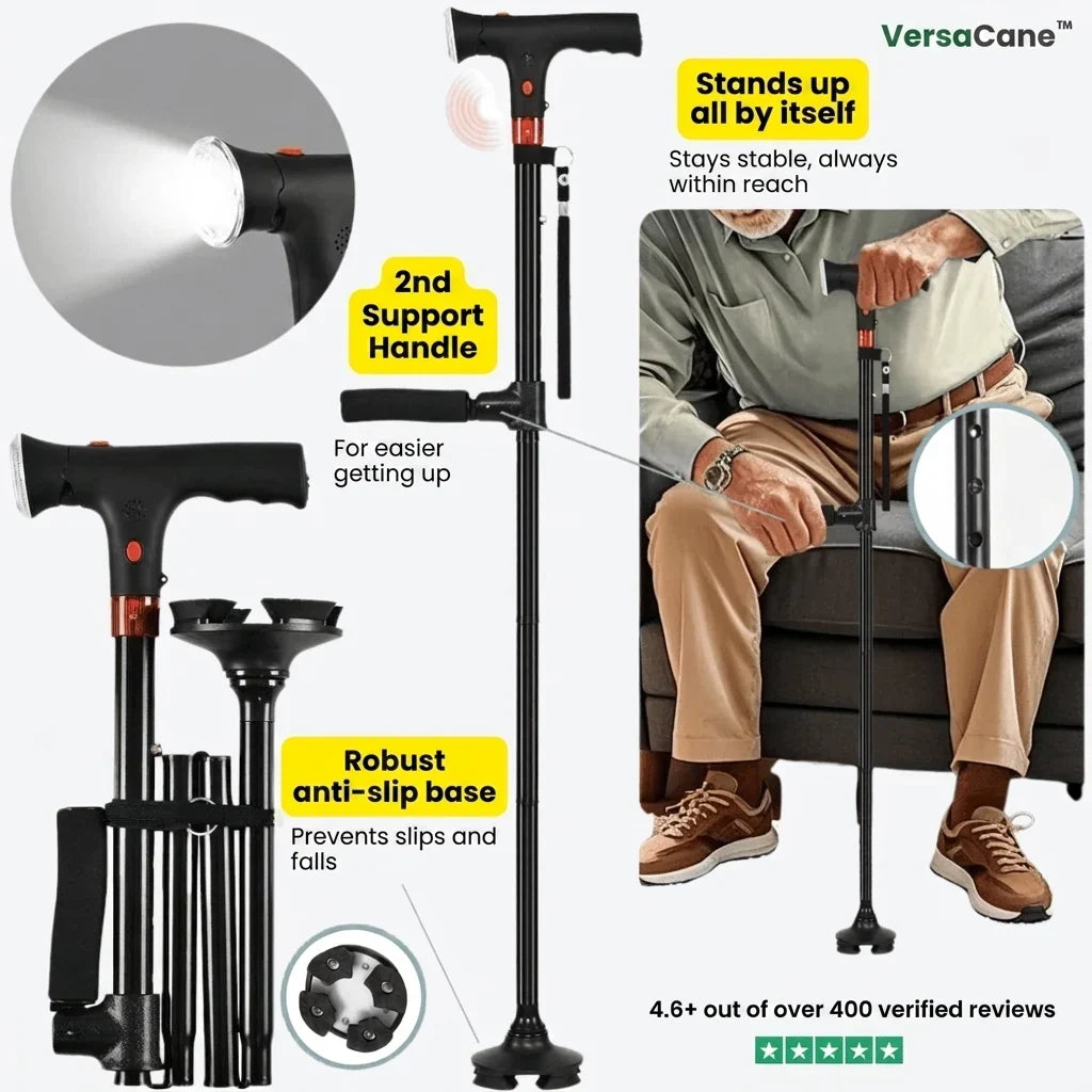 Walking Cane Double-Handle Foldable Night-Ready