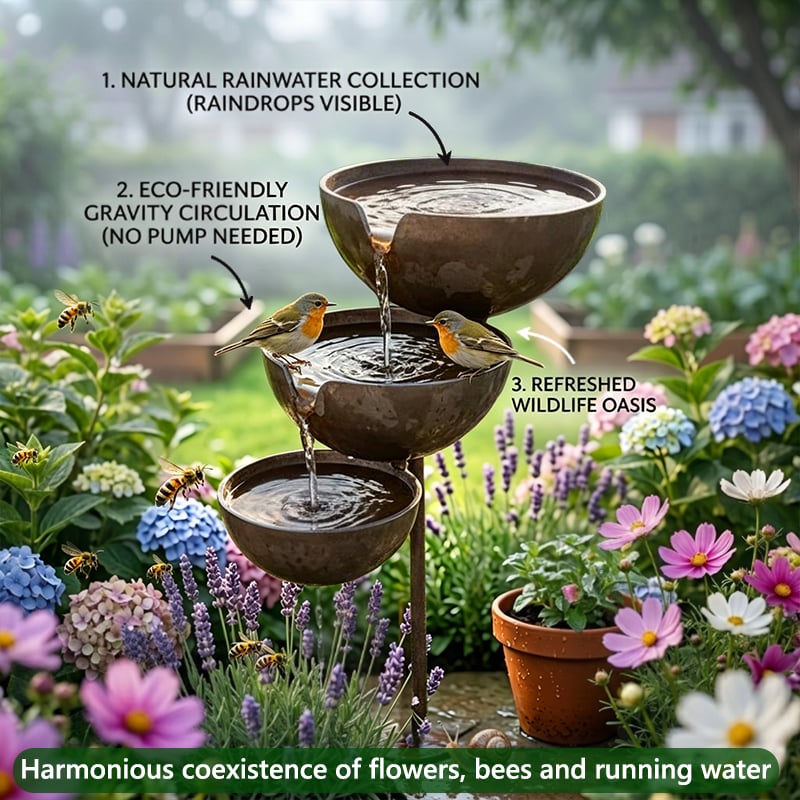 Tiered Metal Rain-Fed Bird Bath for Garden – Self-Filling Water Feature with Cascading Bowls