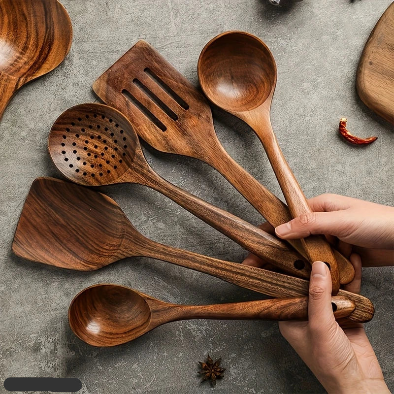 Natural Teak Wood Cooking Utensil Set for Kitchen & Dining | Eco-Friendly Solid Hardwood Spatula Spoon Tool Collection | Heat-Resistant