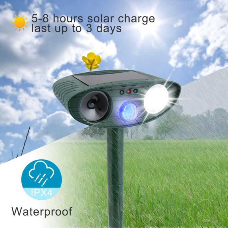 Solar Wildlife Deterrent Device Ultrasonic Outdoor Yard Defender 30 ft Range Motion-Activated Strobe Light Weatherproof for Gardens Lawns Fl