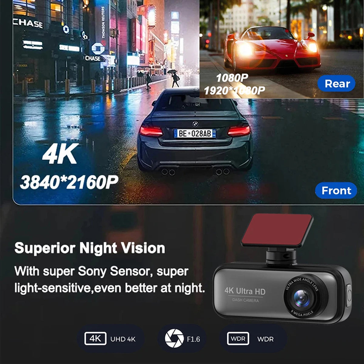 4K Dual-Lens Car Camera with WiFi Monitoring & GPS Tracking for Front & Rear Recording