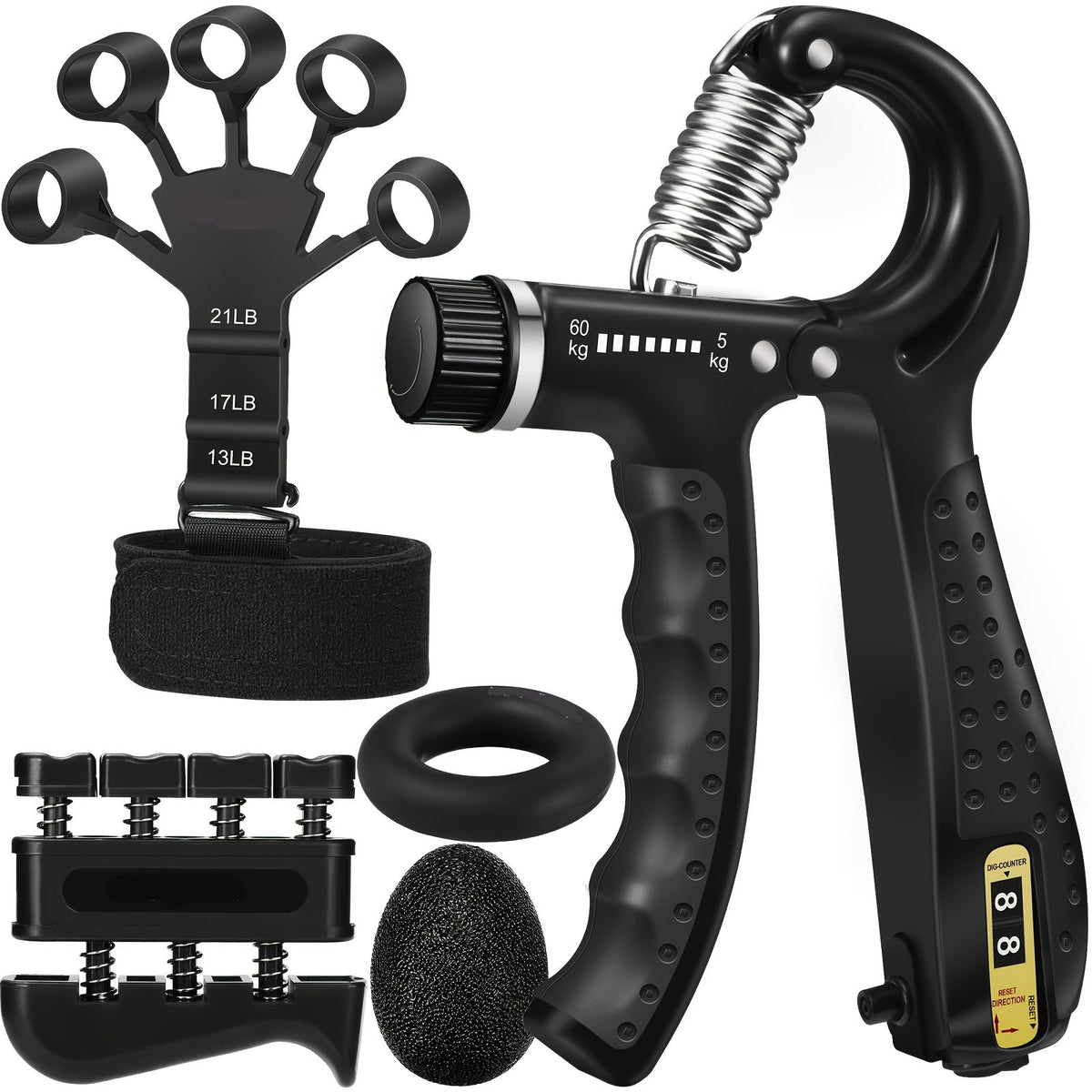 Hand Strengthener Grip Trainer Kit with Finger Exerciser, Resistance Ball & Forearm Ring for Rehabilitation & Muscle Building