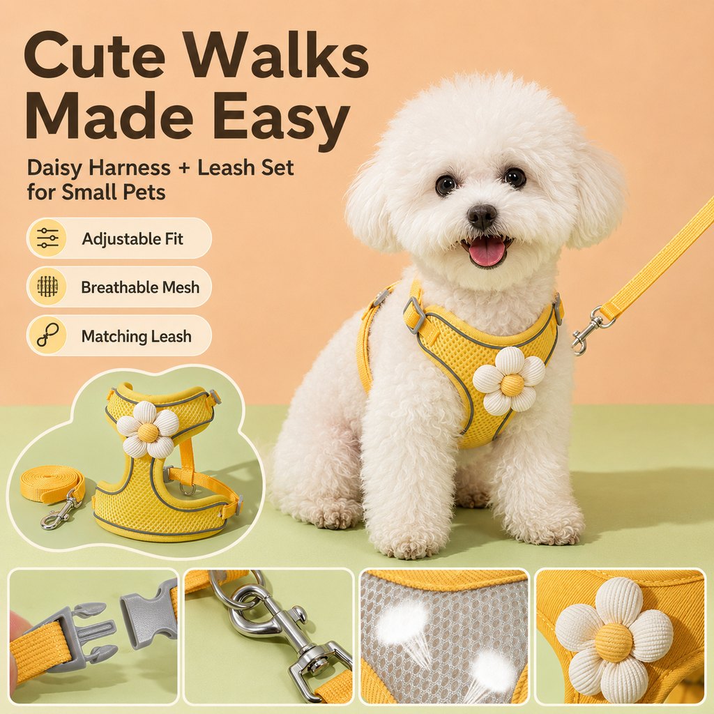 Ortekor Daisy Pet Harness & Leash Set for Daily Walks - Adjustable, Breathable Comfort for Small Dogs & Cats
