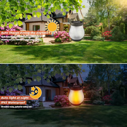 Rechargeable LED Flame Lantern with Solar Panel & Rope Handle for Patio Camping Outdoor Garden Decoration