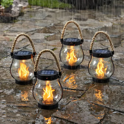 Rechargeable LED Flame Lantern with Solar Panel & Rope Handle for Patio Camping Outdoor Garden Decoration