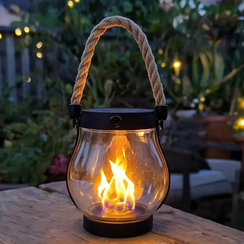 Rechargeable LED Flame Lantern with Solar Panel & Rope Handle for Patio Camping Outdoor Garden Decoration