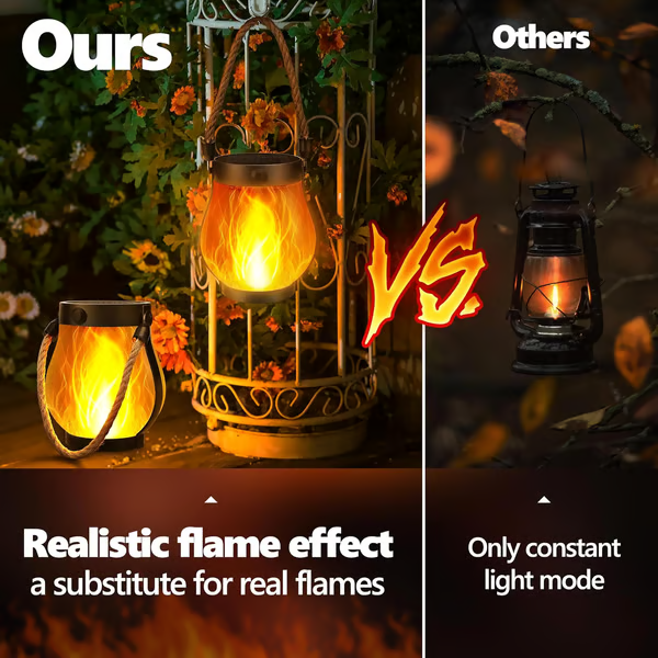 Rechargeable LED Flame Lantern with Solar Panel & Rope Handle for Patio Camping Outdoor Garden Decoration