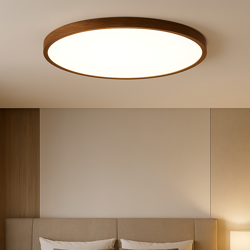 Wooden Flush Mount Ceiling Light Fixture – Natural Dark Grain Round LED Ceiling Lamp for Living Room Dining Room – Scandinavian Nordic