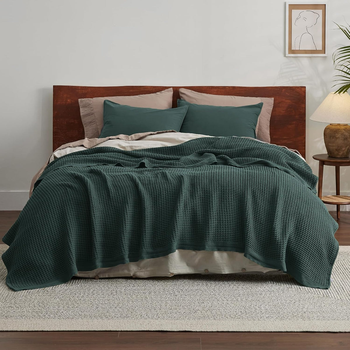 Cotton Throw Blanket for Bed, Waffle Weave Queen Size Blanket for All Seasons, Soft Breathable Cotton Blanket for Couch