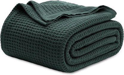 Cotton Throw Blanket for Bed, Waffle Weave Queen Size Blanket for All Seasons, Soft Breathable Cotton Blanket for Couch