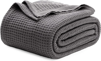 100% Cotton Waffle Weave Throw Blanket Queen King Breathable Lightweight Bed Cover for All Seasons Couch Sofa Bedroom Layering Textured