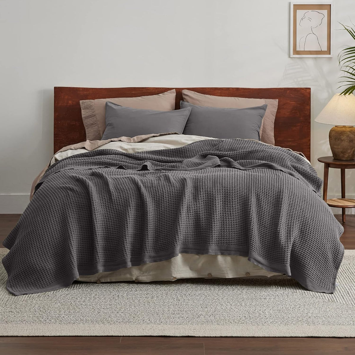 100% Cotton Waffle Weave Throw Blanket Queen King Breathable Lightweight Bed Cover for All Seasons Couch Sofa Bedroom Layering Textured