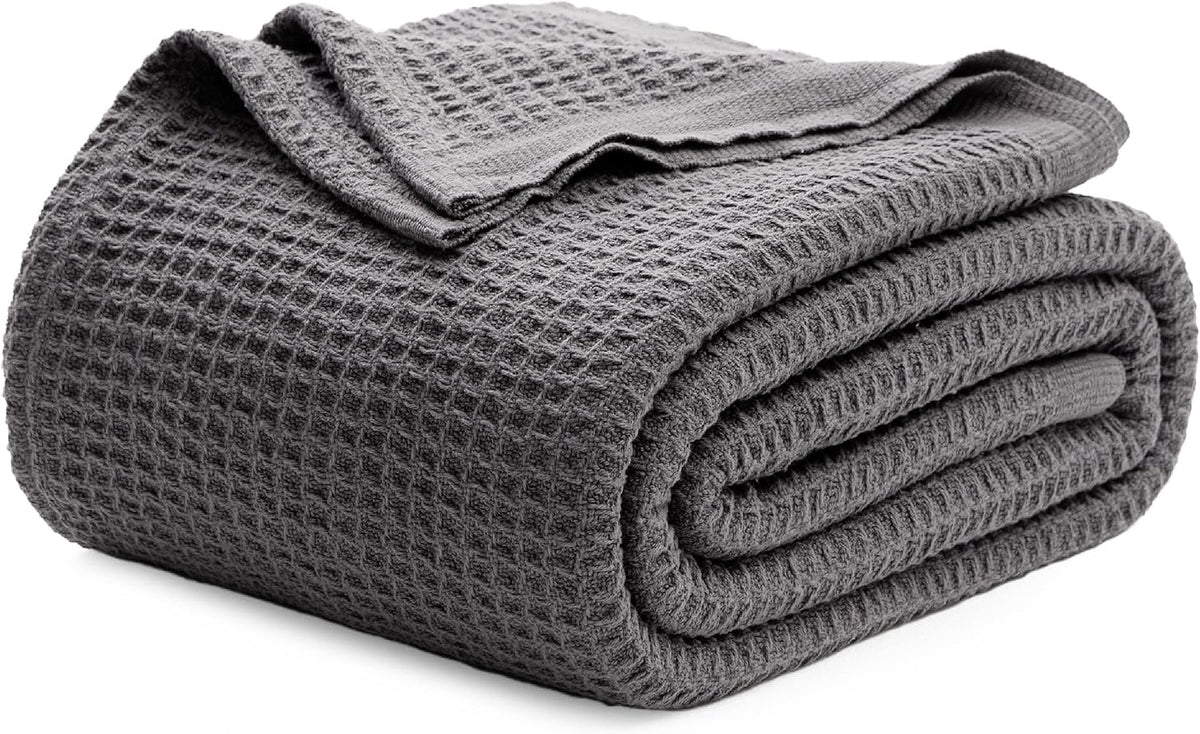 Cotton Throw Blanket for Bed, Waffle Weave Queen Size Blanket for All Seasons, Soft Breathable Cotton Blanket for Couch