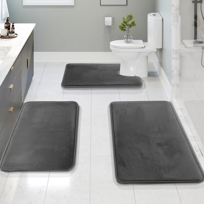 Plush Cushioned Bathroom Rug Set Gray Non-Slip 3-Piece Floor Protection for Shower Toilet Sink Areas Quick-Dry Water-Absorbing Home Decor
