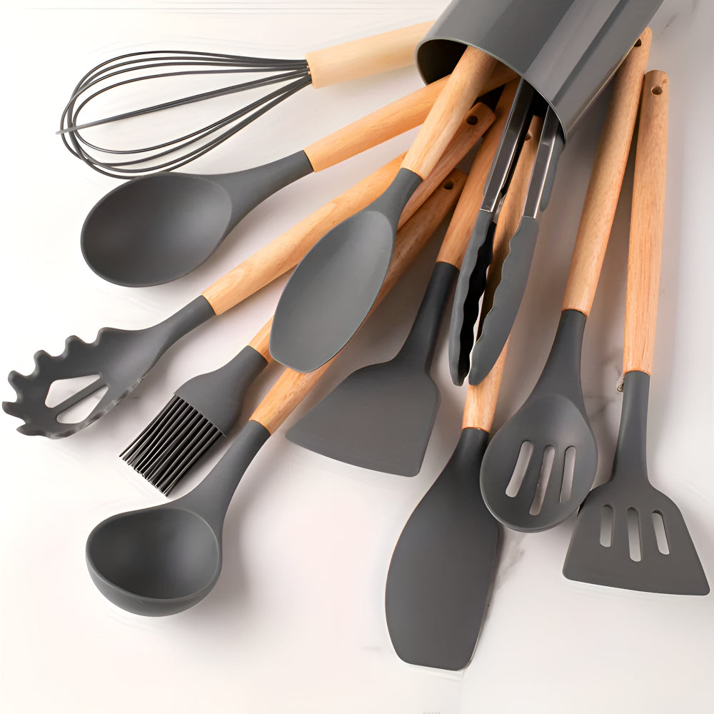 12-Piece Silicone Kitchen Utensil Set with Bamboo Handles and Holder – Heat-Resistant Nonstick Cooking Tools for Home Chefs